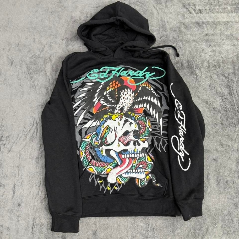 Ed Hardy Hoody Mens Small Black Pullover Y2K Styled Skull Skater Grunge